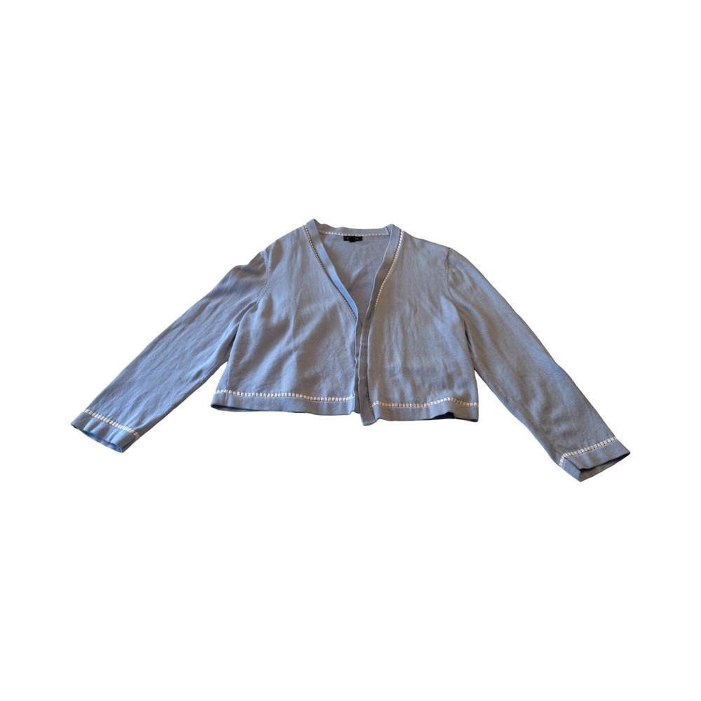 Talbots Blue Cropped Open Front Cardigan Sweater‎ Eyelet Trim Womens Medium M